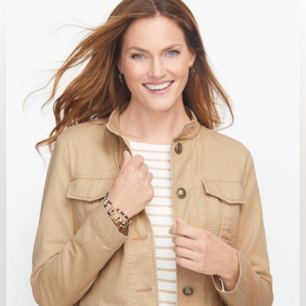 TALBOTS Pure Cotton Neutral Tan Pockets Cinched Back Workwear Jacket XL EUC